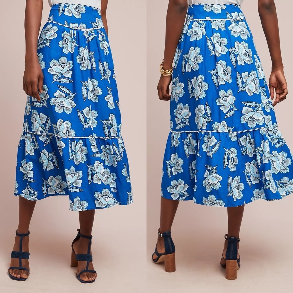 $118 NWT Anthropologie 14 Maeve Alyssa Midi Skirt Blue Floral Boho Resort Linen